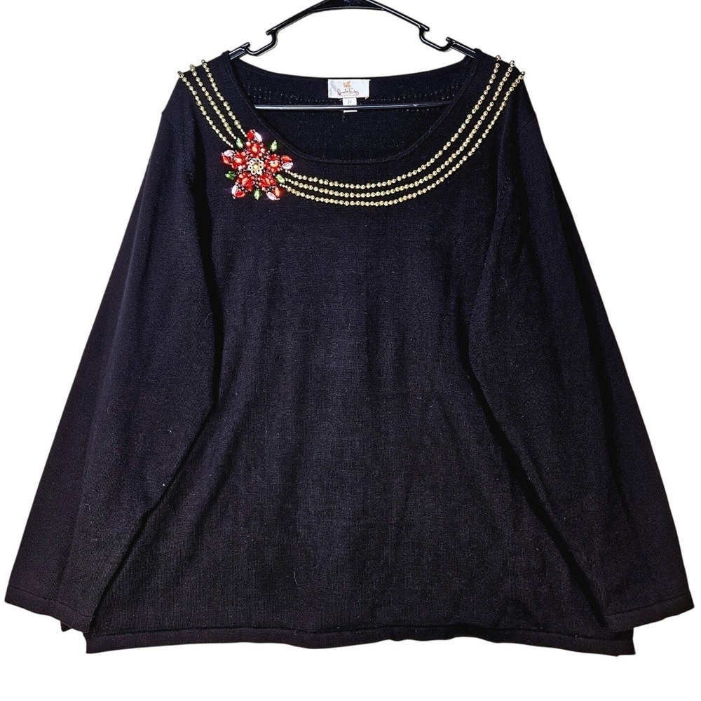 Quacker Factory Black Sweater with Red Floral Brooch and Gold Beaded Trim